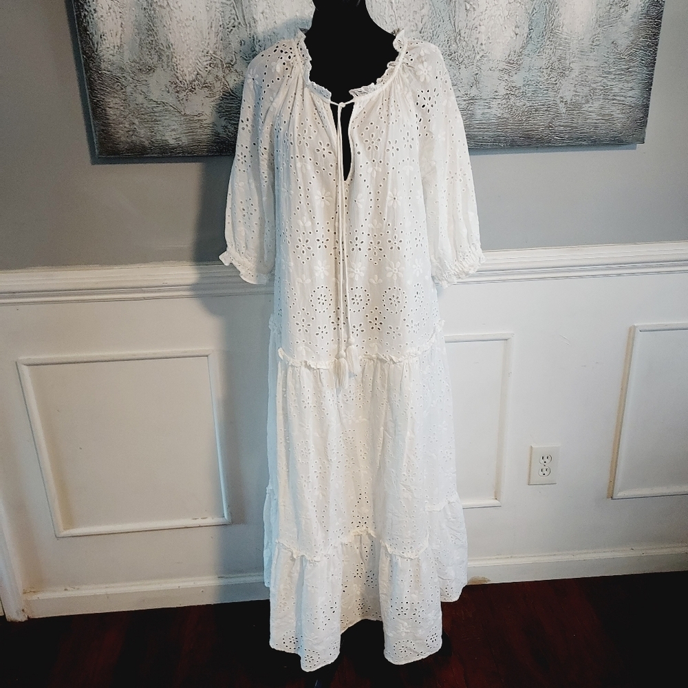 MANGO Eyelet Embroidered Tiered Oversized Cotton Midi dress Sz-4